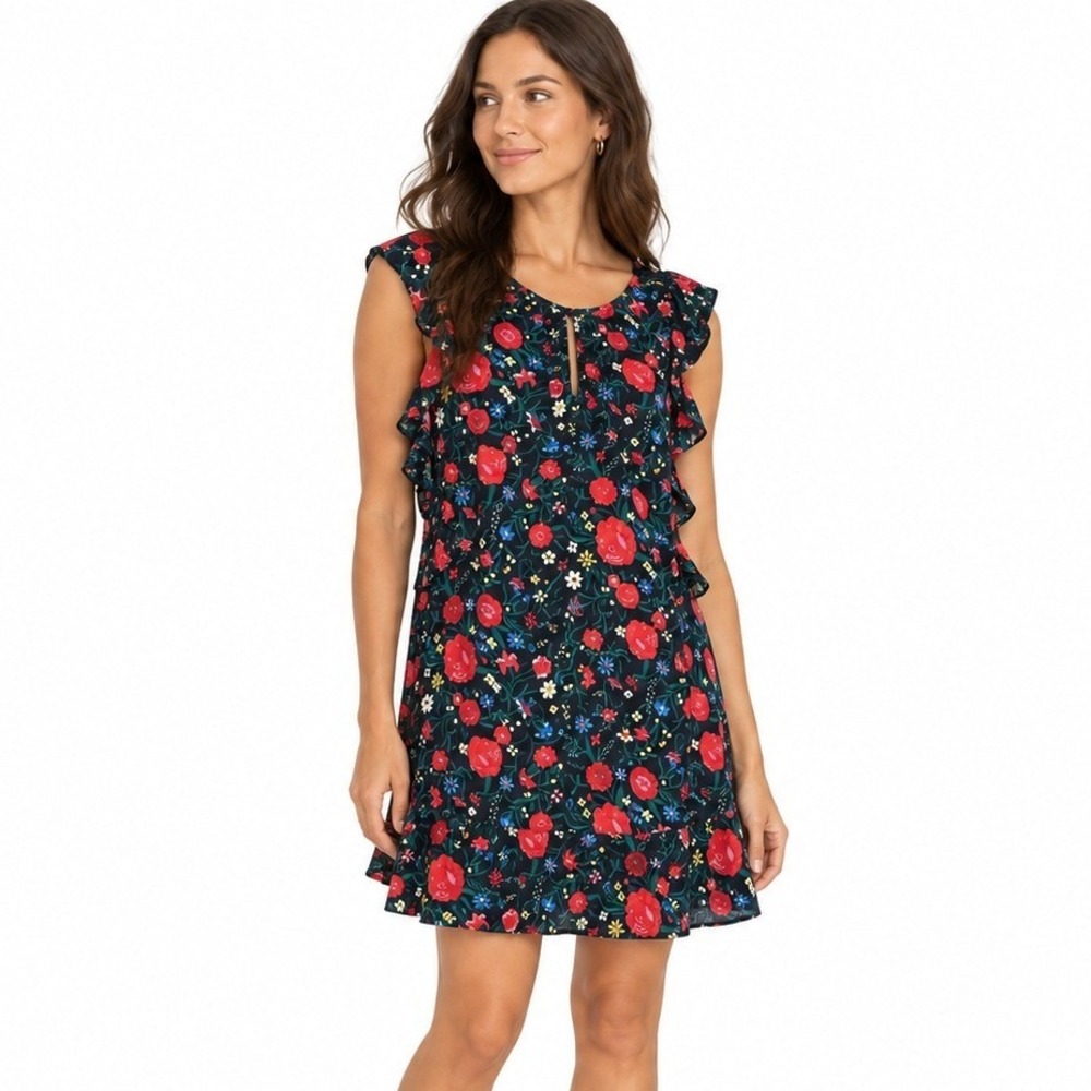 J. Crew Mini Dress Womens S Black Floral Ruffle Sleeveless Cottagecore Whimsy
